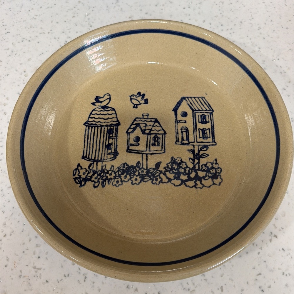 Vintage 90s Stoneware Pie Plate Blue Beige Birdhouses Cottagecore Artist Signed